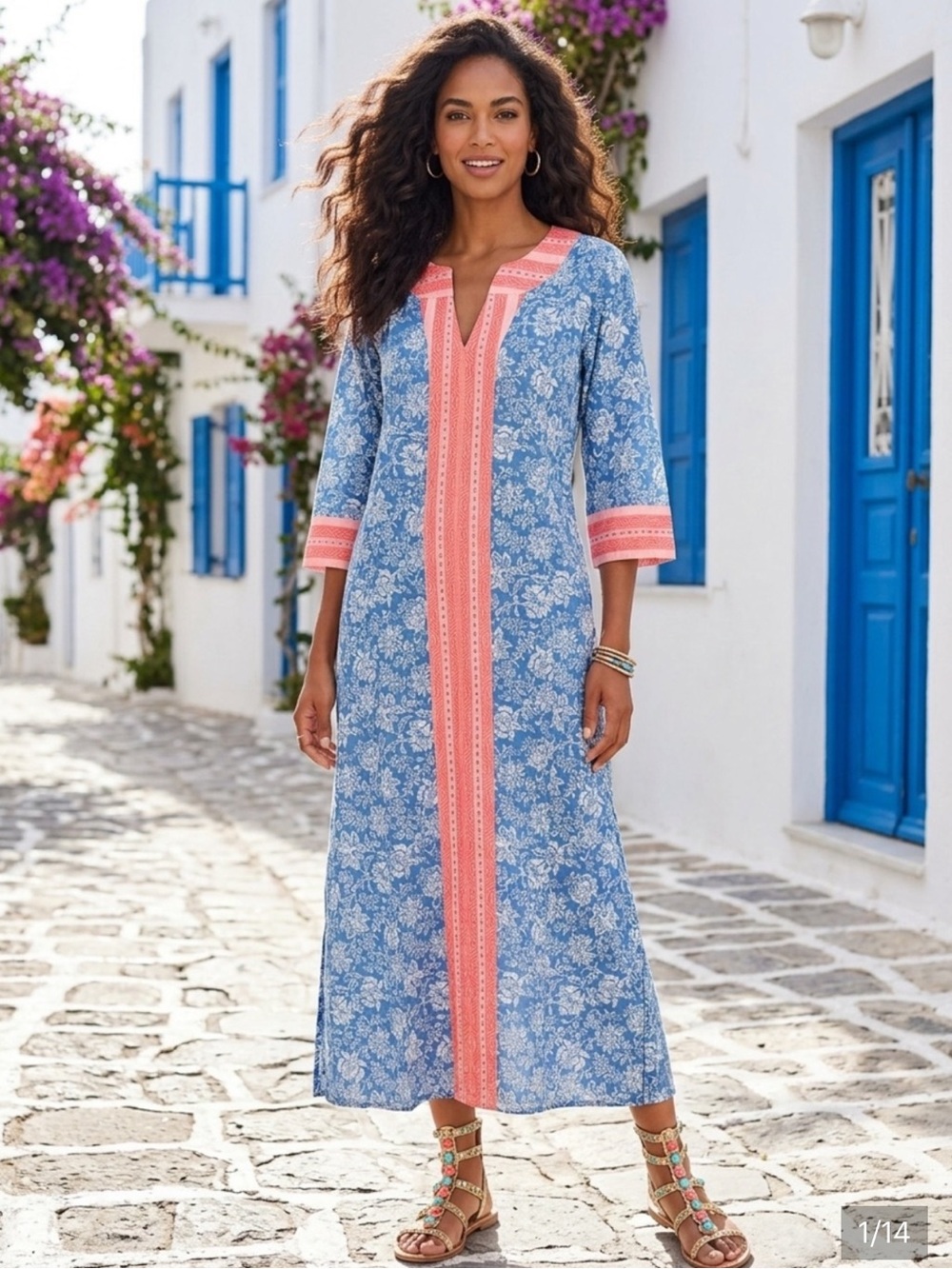 NWT Tuckernuck Blue Chintz Floral Maxi Caftan Dress L Cotton Resort